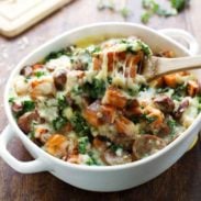 A picture of Sweet Potato, Kale, and Sausage Bake with White Cheese Sauce