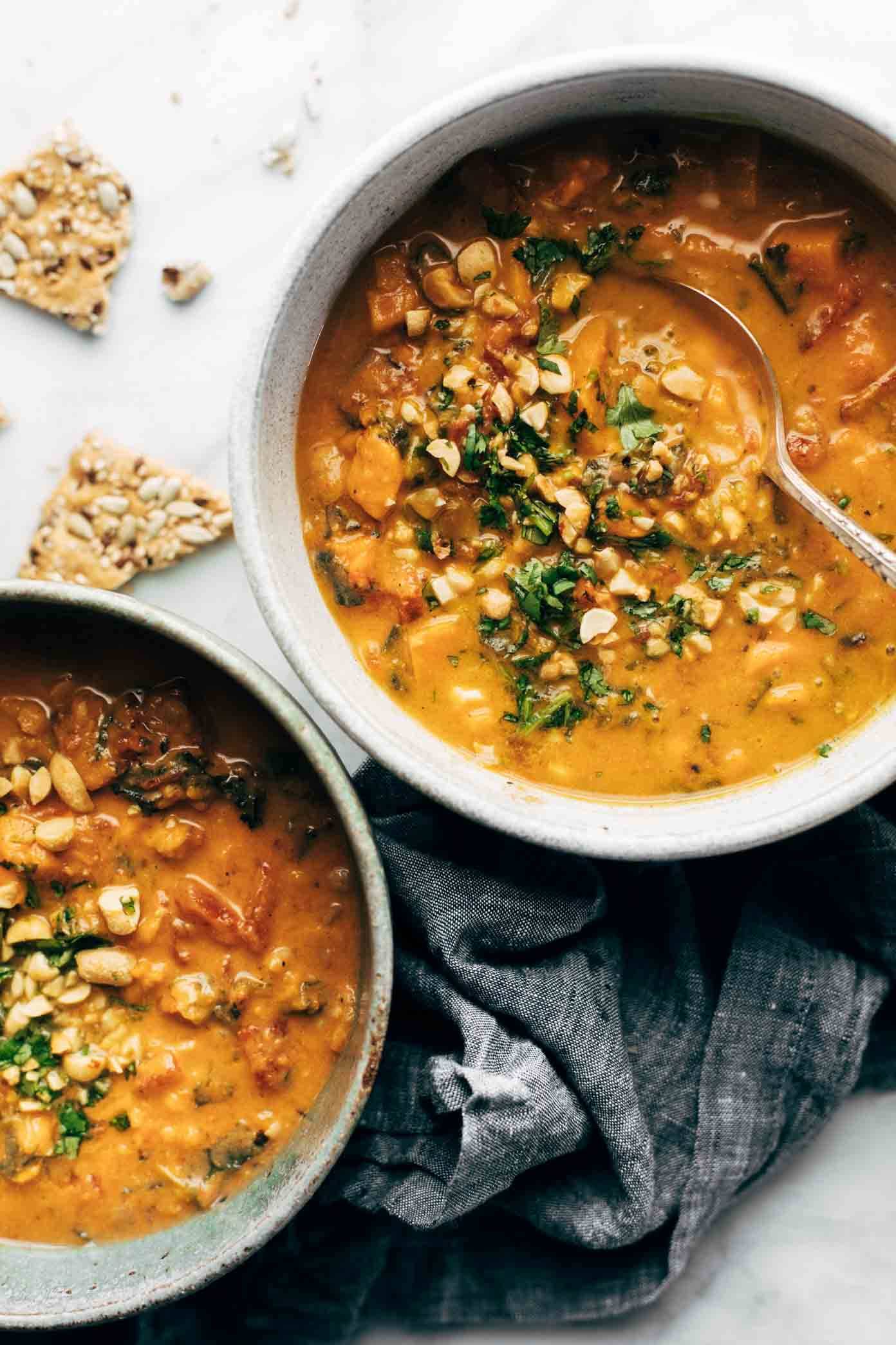 Spicy Peanut Soup with Sweet Potatoes + Kale.