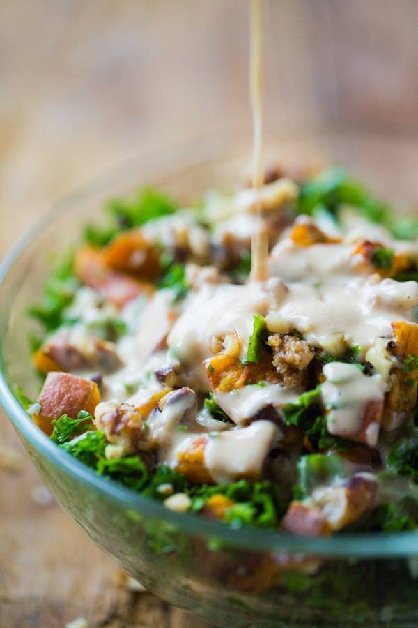Sweet Potato Salad with dressing drizzle.