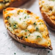 Healthy sweet potato skins with melted cheese.