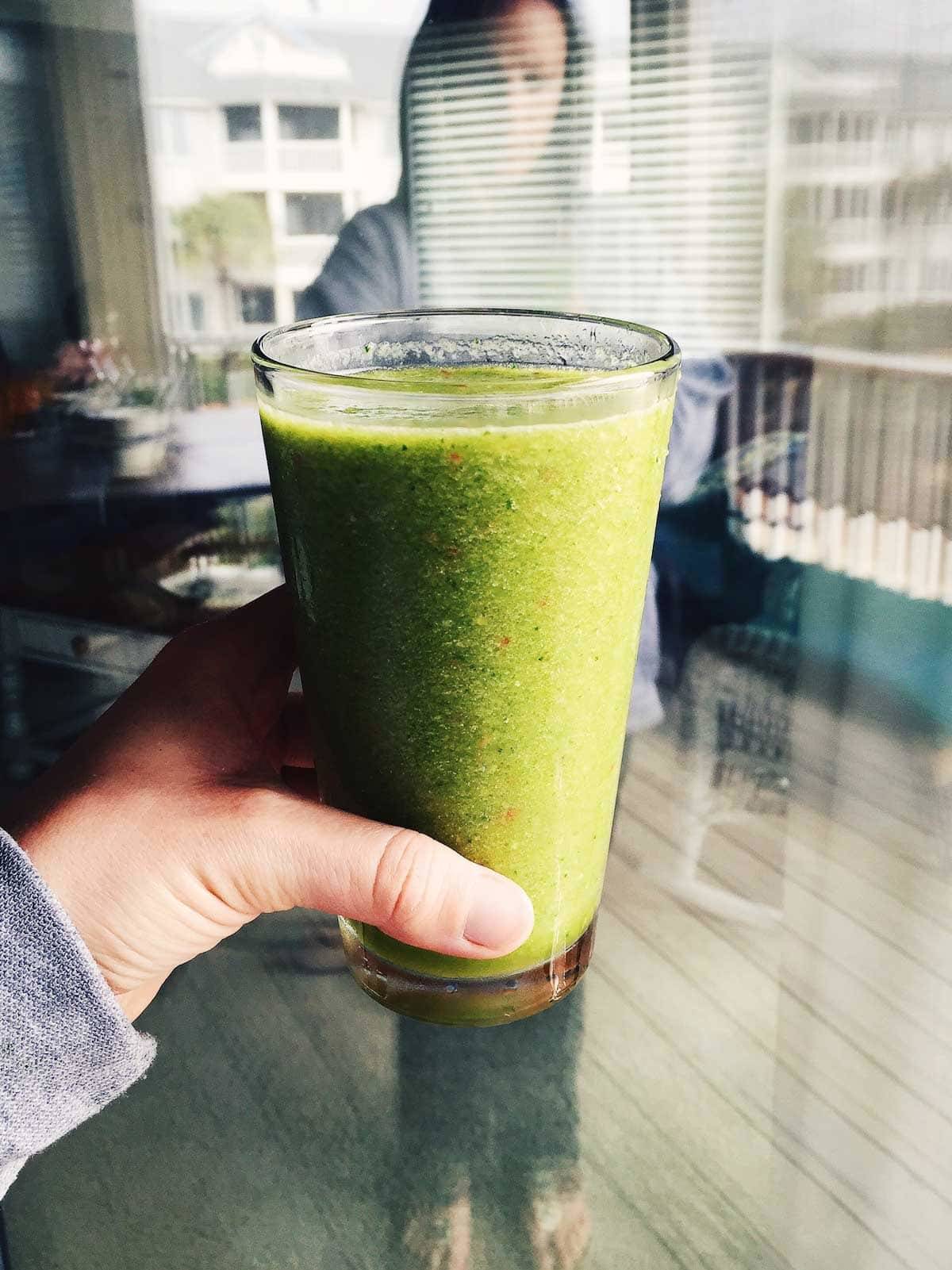 Glass of green juice.