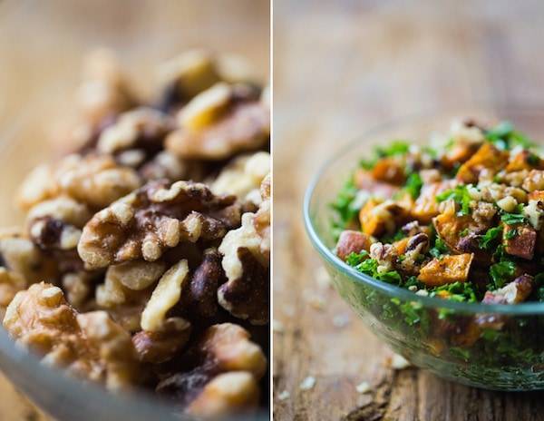 Salad Ubi Jalar Panggang ini memiliki segenggam kangkung parut, manisan kenari, dan saus almond krim terbaik. Yum! | pinchofyum.com