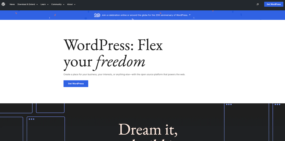 the WordPress.org homepage