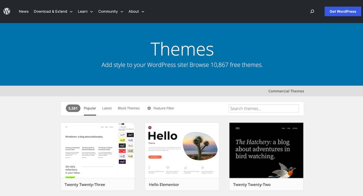the WordPress theme repository homepage