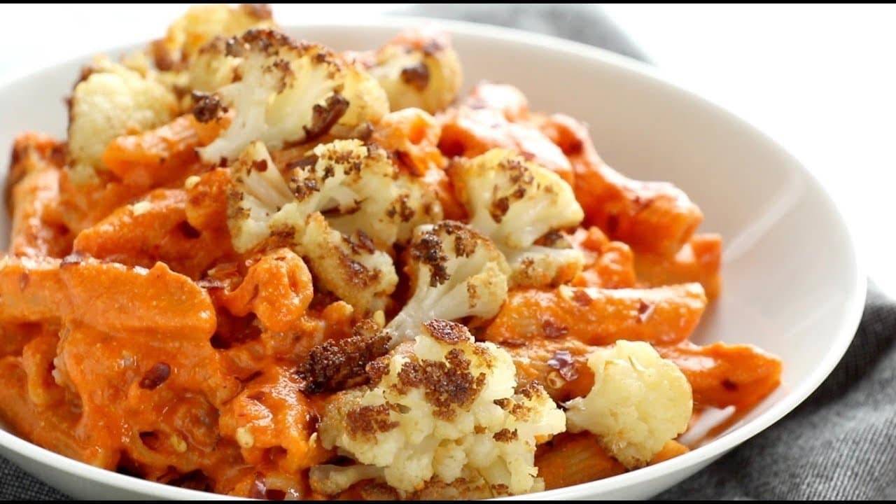 Red Pepper Cashew Pasta with Roasted Cauliflower Recipe Pinch of Yum