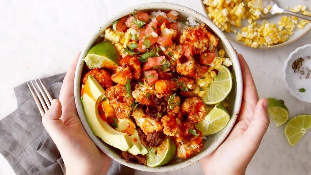 Roasted Cauliflower Burrito Bowls Recipe Pinch of Yum